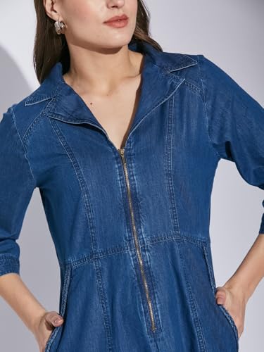 Latin Quarters Women Blue 3/4Th Sleeve Collared Solid Casual Dress_XL