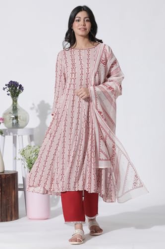 W for Woman White & Red Printed Flared Kurta, Cotton Pants with Dupatta Set_24ONWS10608-123012_XL