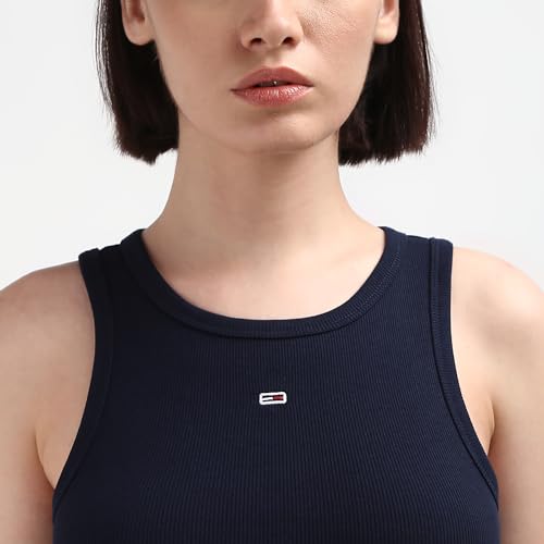 Tommy Hilfiger Blue Solid Cotton Women Tank Top