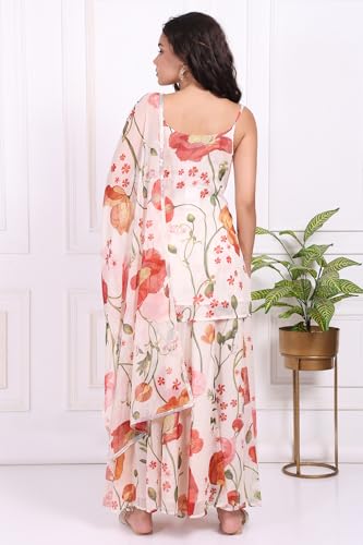 W for Woman White Floral Printed Crepe A-Line Kurta with Culotte and Dupatta Set - (WS13913-127594-M)
