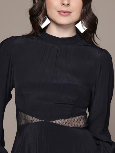 Label RITU KUMAR Round Neck Solid Long Dress Black