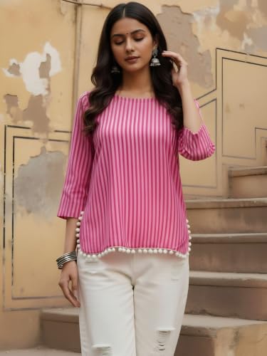 Dora Dori Women Cotton Striped Kurti | Round Neck 3/4 Sleeve Corset Back Tie-Up Detail Lace Detailing | Pink Short Kurti for Women | Casual, Office & Daily Ethnic Wear