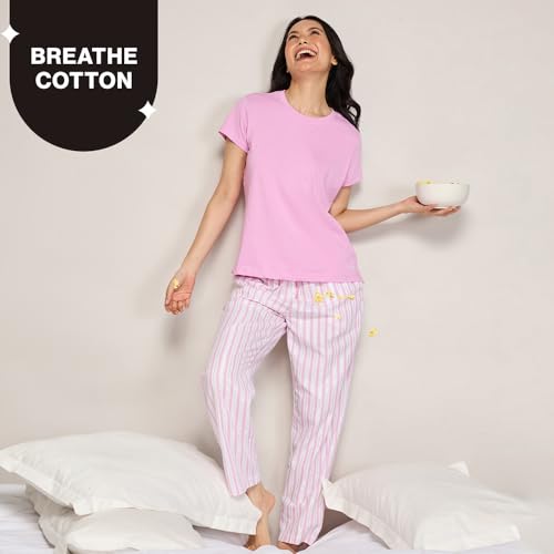 NYKD Essential Cotton Pyjama Coord Set with Crew Neck Cotton Knit Tee Nys943 Pink Seer