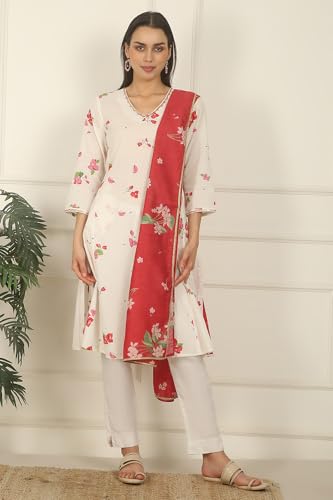 W for Woman Red Floral Printed Damini Dupatta With Lace