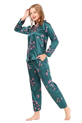 Kattly Women's Satin Solid Printed Pajama Set with Top & Pants | Night Suit Set | Full Length Sleepwear | Silky Satin Slipwear | Full Sleeve Nightwear (Plus Size, Peacock Blue, 2XL)