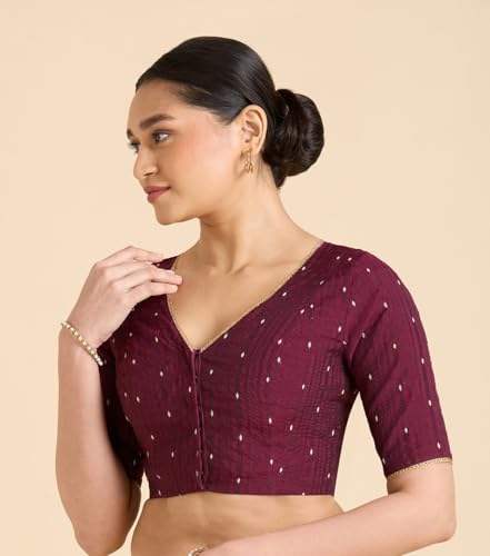 Studio Shringaar Women's Handloom Cotton Silk Readymade Saree Blouse (Wine, 44)