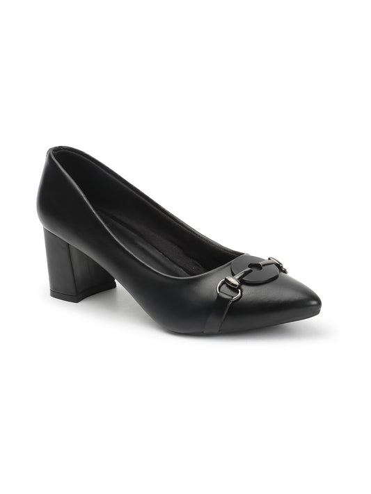 Carlton London Women Black Stylish Slip-on Pump Shoes with Block Heels, Pointed Toe for Party and Formal Occasions (39)