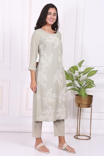 W for Woman Green Floral Printed Embroidered Rayon Straight Kurta and Pants Set - (WS13697-401078-3XL)