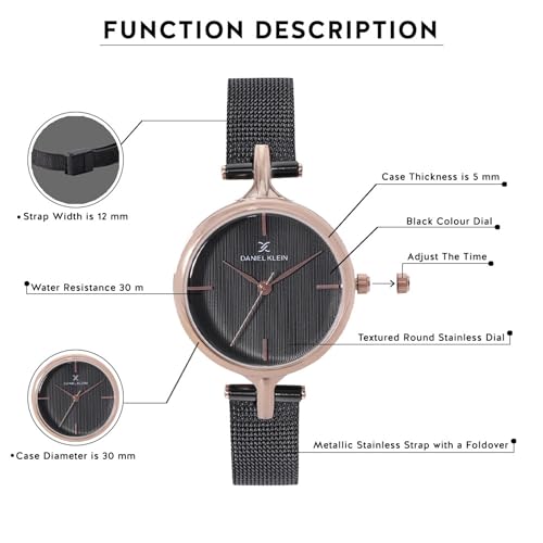Daniel Klein Analog Black Round Dial Rose Gold Case Black Mesh Strap Water-Resistant Wrist Watch for Women Girls, Ladies DK11914-3