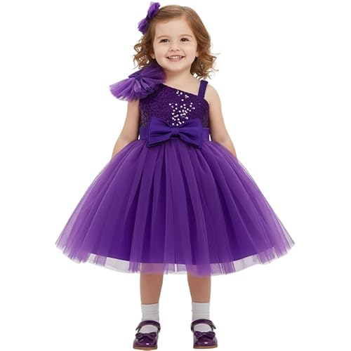 KIYOL Girls One Shoulder Sequin Satin Tulle Party Dress with Large Bow ? Elegant Purple Princess Gown for Birthday, Wedding & Special Occasions -Purple Barbet 2-3Y