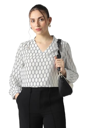 Women White Print Formal V Neck Top