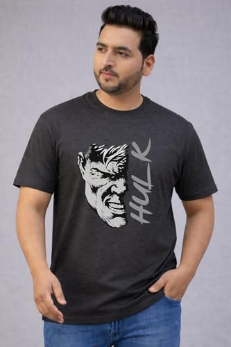 THE SOUTH STORE Men's Charcoal Melange Round Neck Half Sleeve Printed Plus Size T-Shirt | Hulk