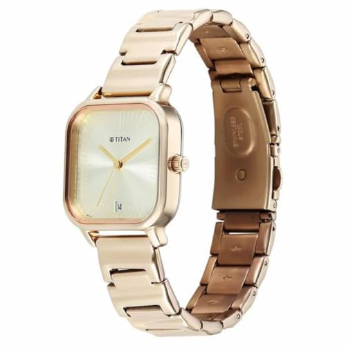 Titan Plain 3 Hands Work Wear Brown Round Dial Rose Gold Plating Stainless Steel Strap Womens Watch - 2786WM01