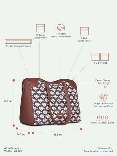 ZOUK Conference Office Bag | Padded Laptop Compartment up to 14 inch | Stylish Tote Bags for Women | Big Size Handbag for Office & Travel Use | Water-Resistant | Bidri Kaiser