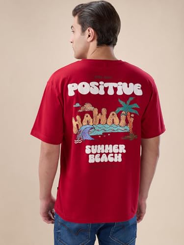 Status Quo Men's Oversized Half Sleeves Round Neck T-Shirt with Back Typography Print | 100% Cotton | Maroon | XL
