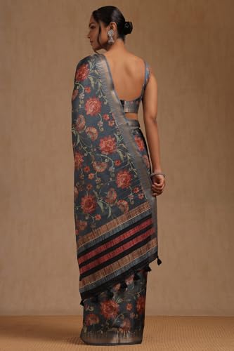 Soch Womens Blue Tussar Floral Print Saree