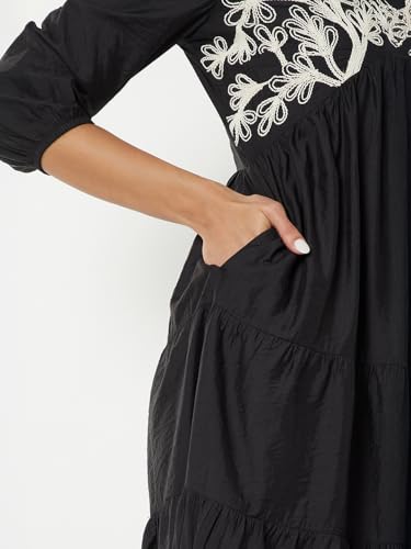 Max Women Embroidered Tiered Dress (Black_M)