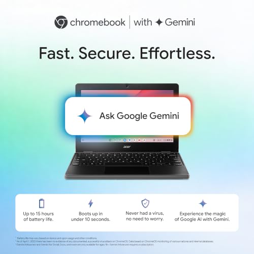 Acer Chromebook, MediaTek Kompanio 540 Octa-Core Processor, 4GB RAM, 64GB eMMC, Full HD, 11.6"/27.94cm Display, Chrome OS, Black, 1.2 KG, C725, Arm Mali G57 Graphics, WiFi 6E Laptop