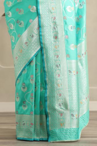 Soch Womens Teal Dola Silk Botanical Zari Woven Saree With Stone Work