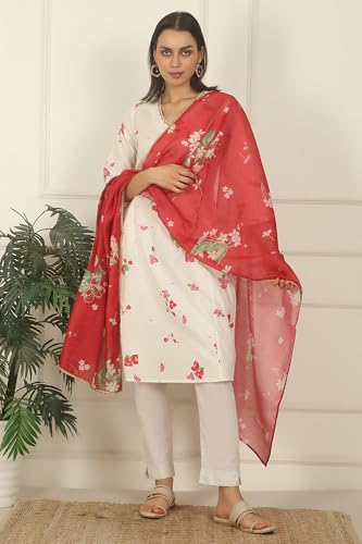 W for Woman Red Floral Printed Damini Dupatta With Lace