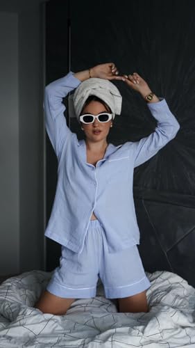 bellababebysk Women's Cotton Textured Button-Down Shirt with Shorts Set | Summer Wear | Coord Set | Fancy Shorts Set | Trendy two-piece lounge set (Azure Blue, XL)