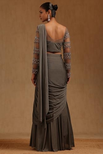 Soch Womens Olive Spandex Solid Ready to Wear Saree With Beads And Stones