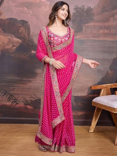 Panzora Women's Georgette Bandhani Printed Pink Saree With Embroidery Unstitched Blouse Piece