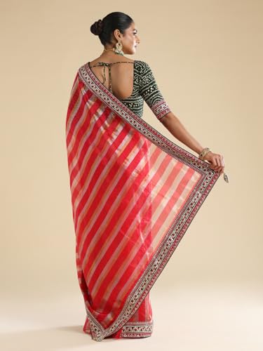 AKHILAM Women's Red Organza Striped Embellished Saree With Unstitched Blouse Piece (ANIKA3303_AG)