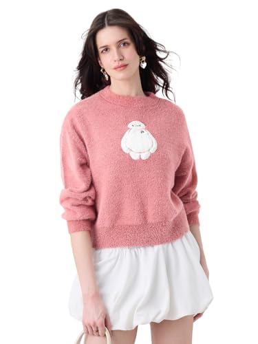 The Souled Store Disney: Fuzzy Baymax Women and Girls Full Sleeves Round Neck Light Pink Graphic Printed Acrylic Nylon Oversized Fit Fuzzy Casual Winter Pullover Sweater