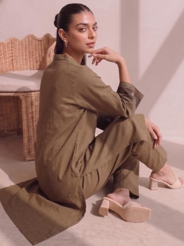 Varanga Women Kurta Trousers Set V Neck Three Quarter Sleeves Cotton Blend