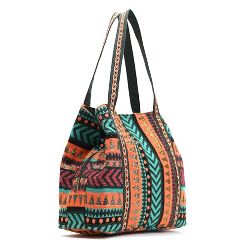 Boho Girl Women Multicolor Jacquard Fusion Tote (Green Multi)