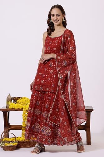 W Red Floral Printed Straight Kurta, Sharara Pant & Dupatta for Women (Size: L)-24AUWS12588-125772
