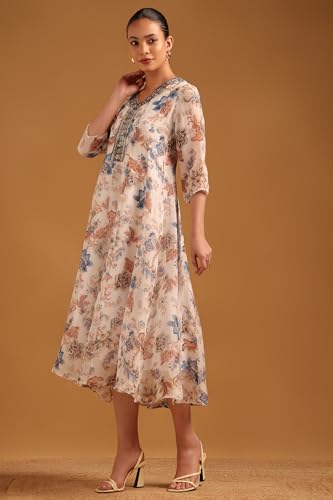 Soch Womens Off White Organza Botanical Dress with Beaded