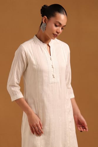 Soch Womens Off White Cotton Stripes Kurta Set With Lace Details