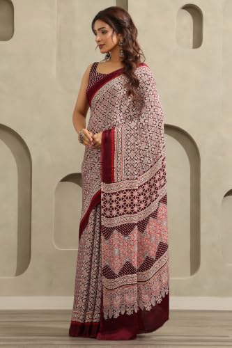 Soch Womens Maroon Viscose Blend Ajrak Printed Saree