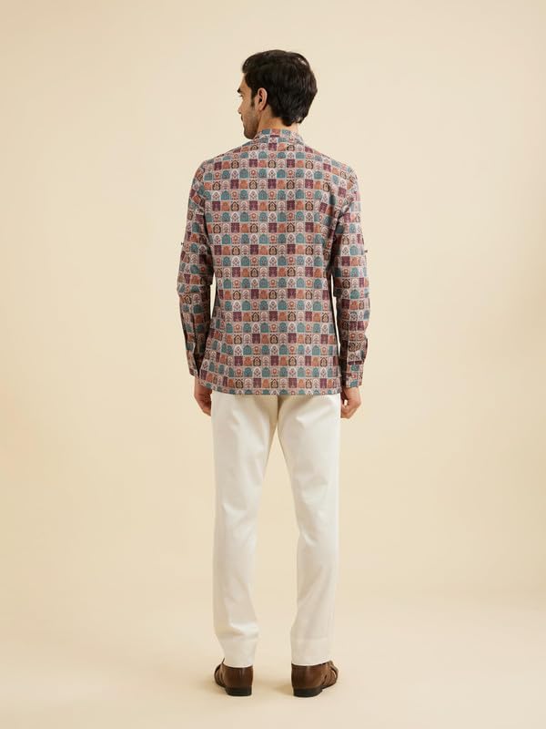 Manyavar Men's Cotton Blend Digital Print Short Kurta (Beige,XXL)