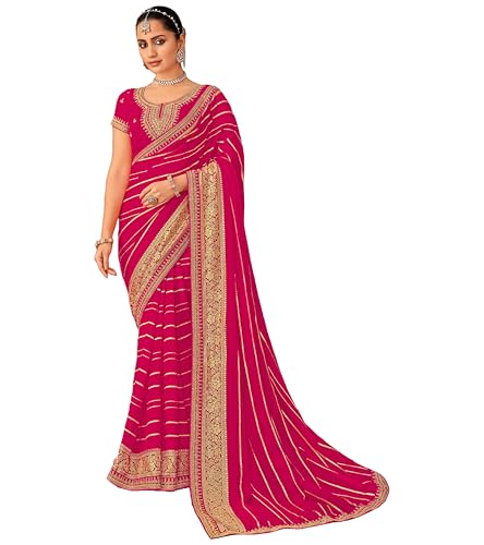 Laxmipati Firki Striped Printed & Zari Lace Border Georgette Saree in Dark Pink Color with Unstitched Blouse