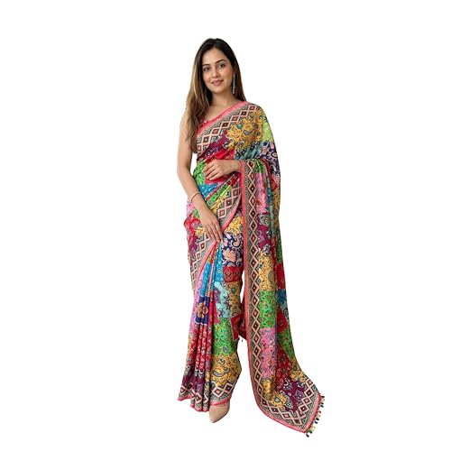 SHANTVAN GALLERY Ajrakh Print Saree for Women with Mirror Work Border and Kodi Latkan, Roman Silk 3D Position Print Silk Saree for Woman with Unstitched Blouse Piece
