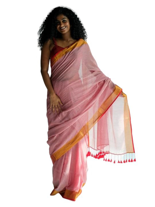 Suta Peach Red Solid Zari Saree