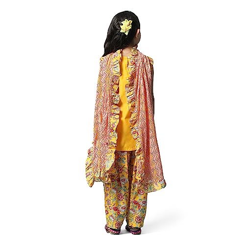 BIBA Girl Printed Polyester A_Line Kid(Kw5123_Yellow_9), Kurta Dhoti Suit Set