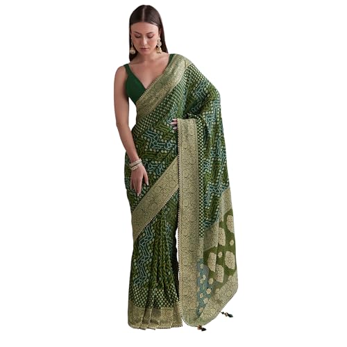 KALKI Fashion Green Georgette Bandhani Saree With Butti And Floral Border Georgette sarees for women | Traditional Ethnic Wear |Fashion Wear| Wedding Collection | Festive Saree
