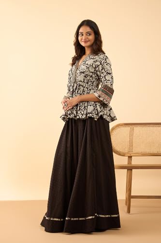 Taneira Women Black Pure Cotton Rajasthan Embroidered Lehenga (LEAM72BKS-Black-S)