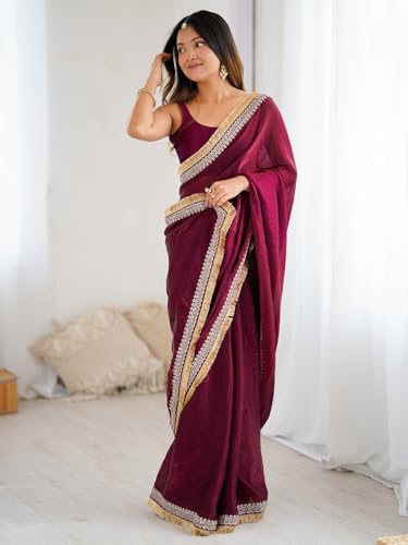 AKHILAM Women's Wine Satin Embellished Saree With Unstitched Blouse Piece (AARYAN20602_KR)