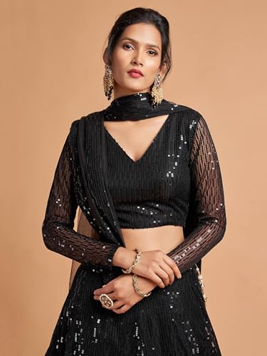 Zeel Clothing Women's Black Soft Net Sequins Embroidered Semi-Stitched New Lehenga Choli with Dupatta (7308-Black-Wedding-Girlish-Latest-Lehenga-Choli; Free Size)