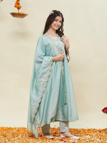 CURLY TALES ALPHA Girls Embroidered Anarkali Kurta Set with Dupatta | Ethnic Wear Sky Blue