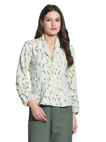 Latin Quarters Women Green Collar Neck 3/4th Sleeve Printed Shirt Blouse_XL