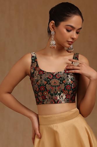 Soch Womens Black Tussar Floral Print Padded Blouse with Zari Woven