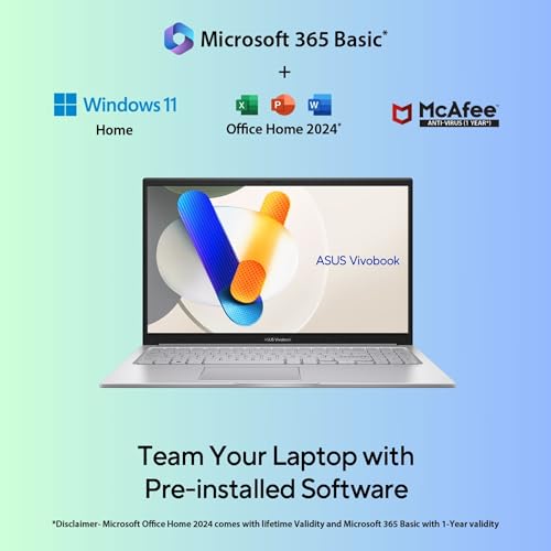 ASUS Vivobook 15 (2025), 13th Gen,Intel Core i3-1315U, 8GB RAM, 512GB SSD, FHD, 15.6", 39.6 cm, Windows 11 Home,M365 Basic(1 Year)* Office 2024,Cool Silver,1.7 Kg, X1504VA-D5321WS, Thin & Light Laptop