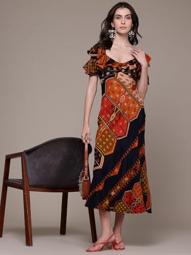 Label RITU KUMAR V Neck Frill Sleeves Printed Long Dress Black