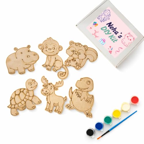 Half Engineer Gifts - HE DIY Wooden Animal Painting Kit with Personalised Box for Kids | 6 Cute MDF Animal Cutouts 5mm Thick with Colors, Brushes, Palette & Magnets | Art & Craft Activity Toy